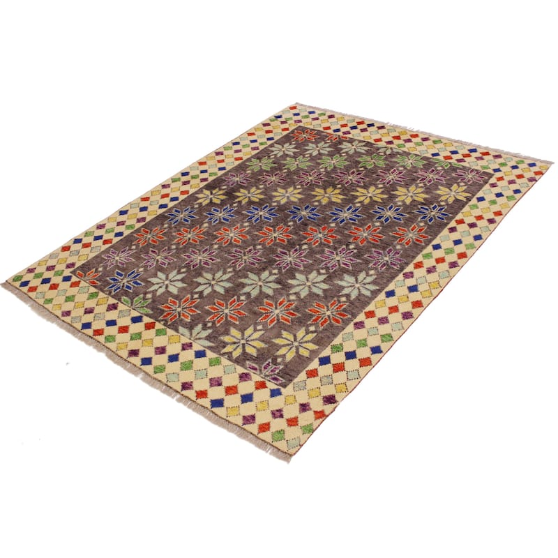Contemporary Balochi Floyd Gray/Beige Hand Knotted Wool Rug - 4'11'' x 6'5''
