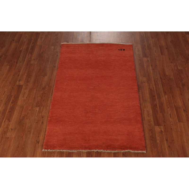 Orange Gabbeh Modern Rug Hand-Knotted Solid Wool Carpet - 3'2" x 4'11"