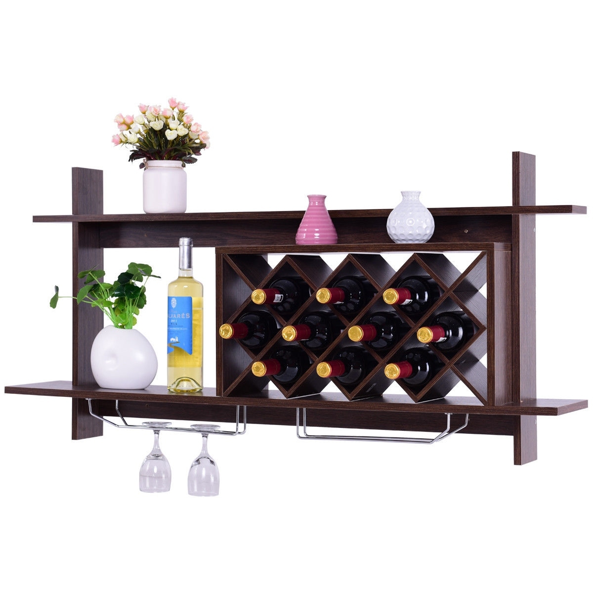 Gymax Wall Mount Wine Rack Organizer With Glass Holder & Storage Shelf