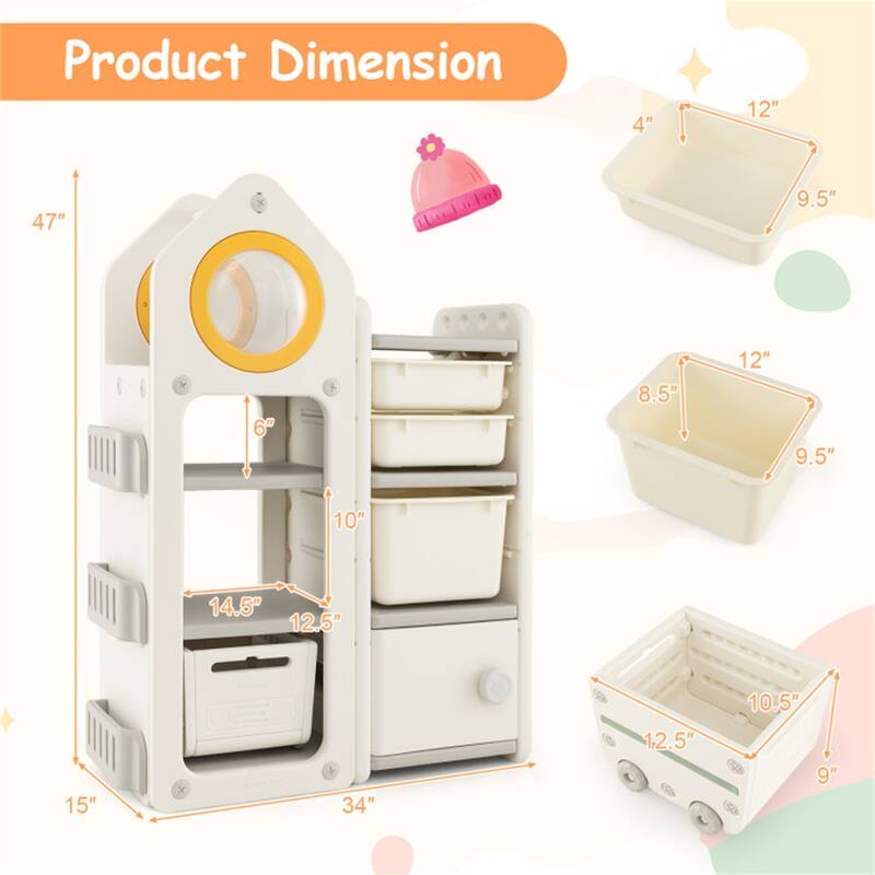 Beige Toy Organizer with Mobile Trolley and 3 Bookshelves Cabinet Large and Small Storage Bins - 34" x 15" x 47"