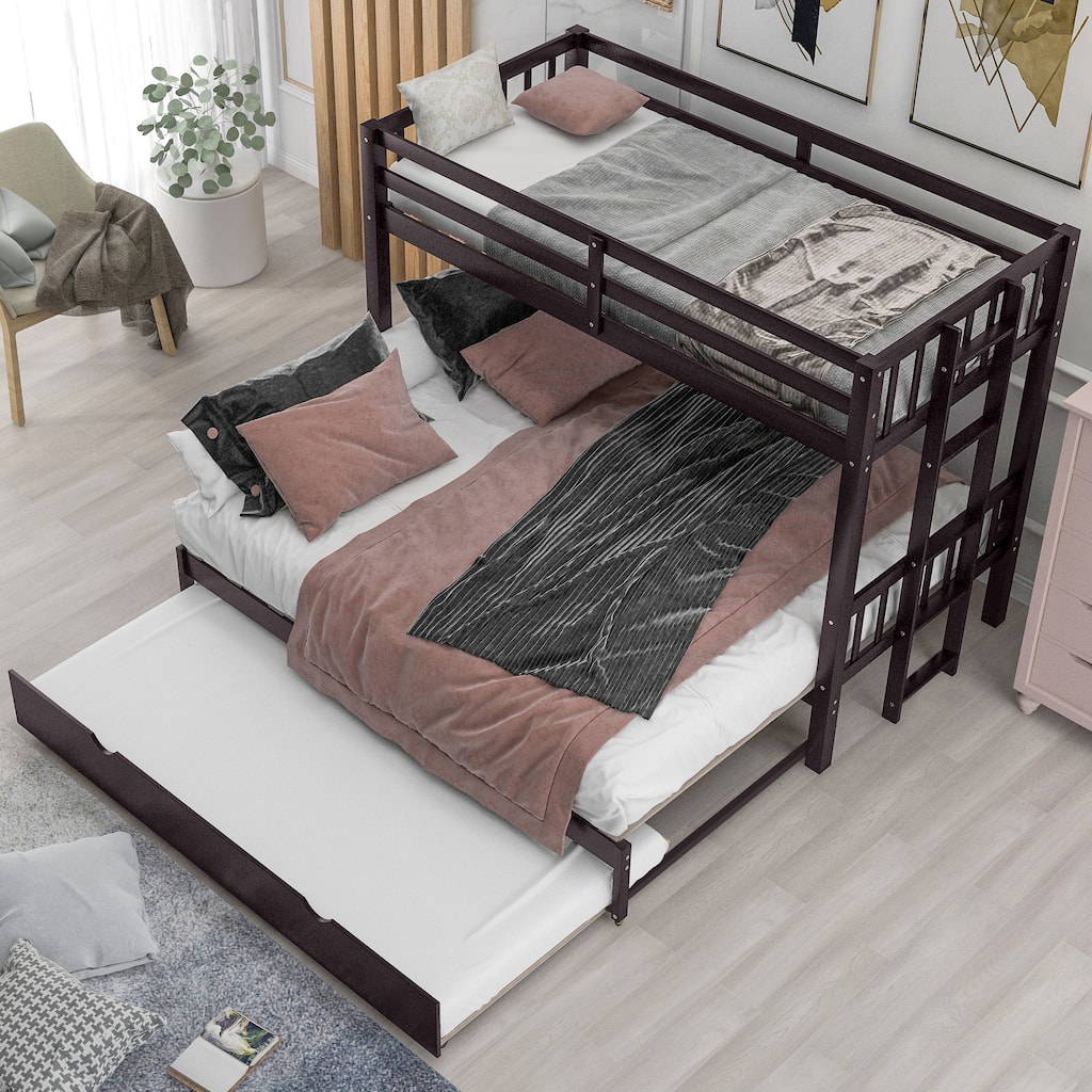 Twin over Pull-out Low Wood Bunk Bed Frame with High Guardrail and Wood Slats, Floor Bed Bottom Trundle, No Boxspring Required