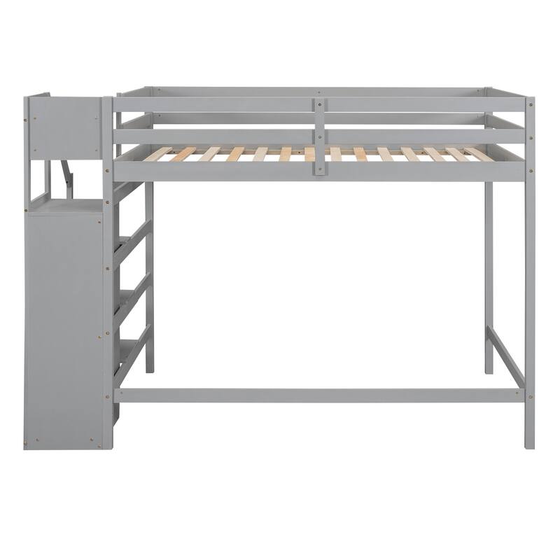 Full Size Loft Bed with Built-in Storage Wardrobe and Staircase
