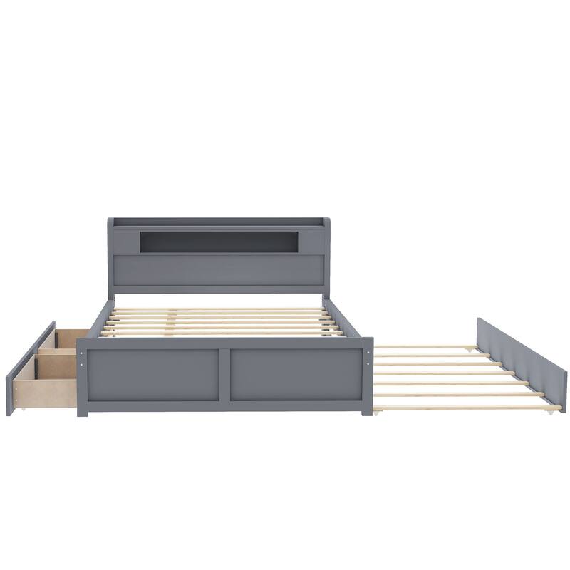 Queen Size Platform Bed with LED Headboard, Trundle & Drawers