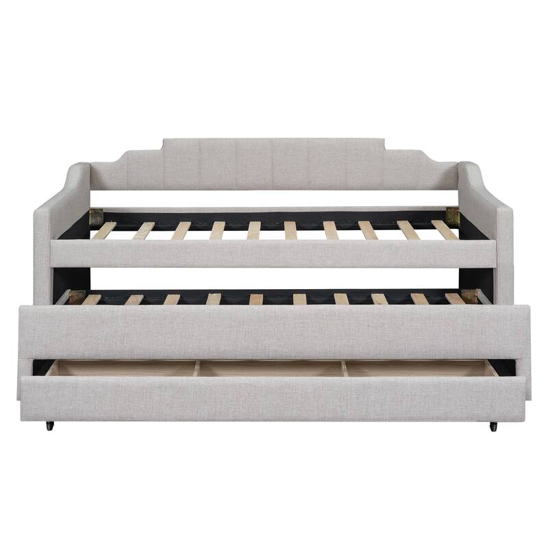 Twin Size Upholstered Daybed with Trundle and Three Drawers in Beige