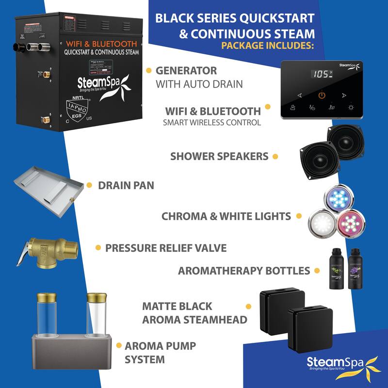 Black Series 12kw Steam Bath Generator with Wireless Remote, Bluetooth, WIFI, and Dual Aroma Pump - 12 KW