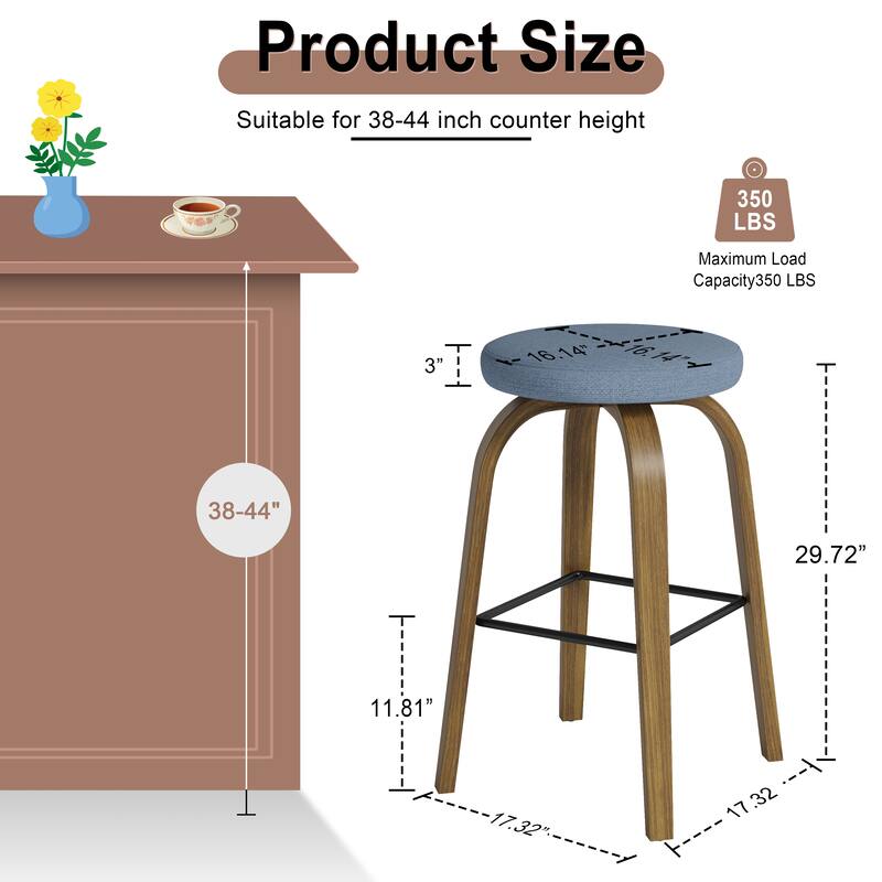 Swivel Bar Stools Set of 2, Bar Height Backless 30″Bar Stool, Fabric Upholstered Seat, Sturdy Wood Legs and Metal Footrest