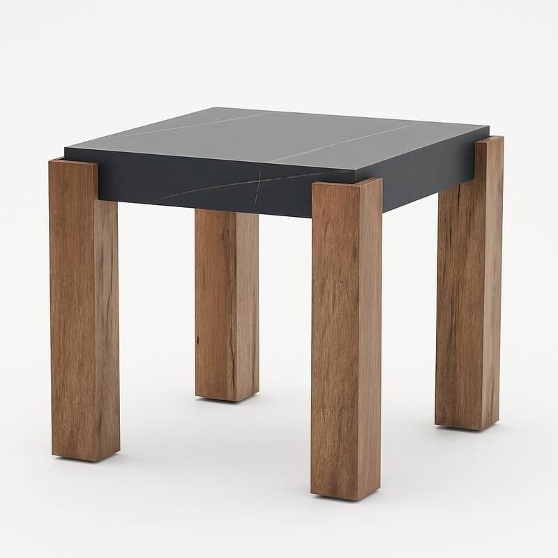 Strata Belmont End Table Marble Inspired Top Wood Legs Modern Decor - Black