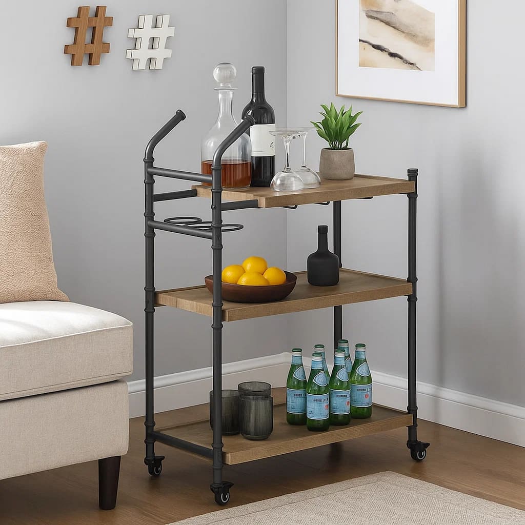 Vida 38 Inch Serving Bar Cart, Pipe Frame, Locking Casters, Brown, Black