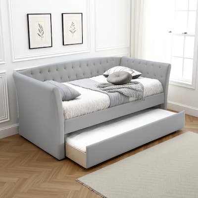 Alma Classic Wood Day Bed with Trundle, Button Tufted, Smooth Gray Burlap