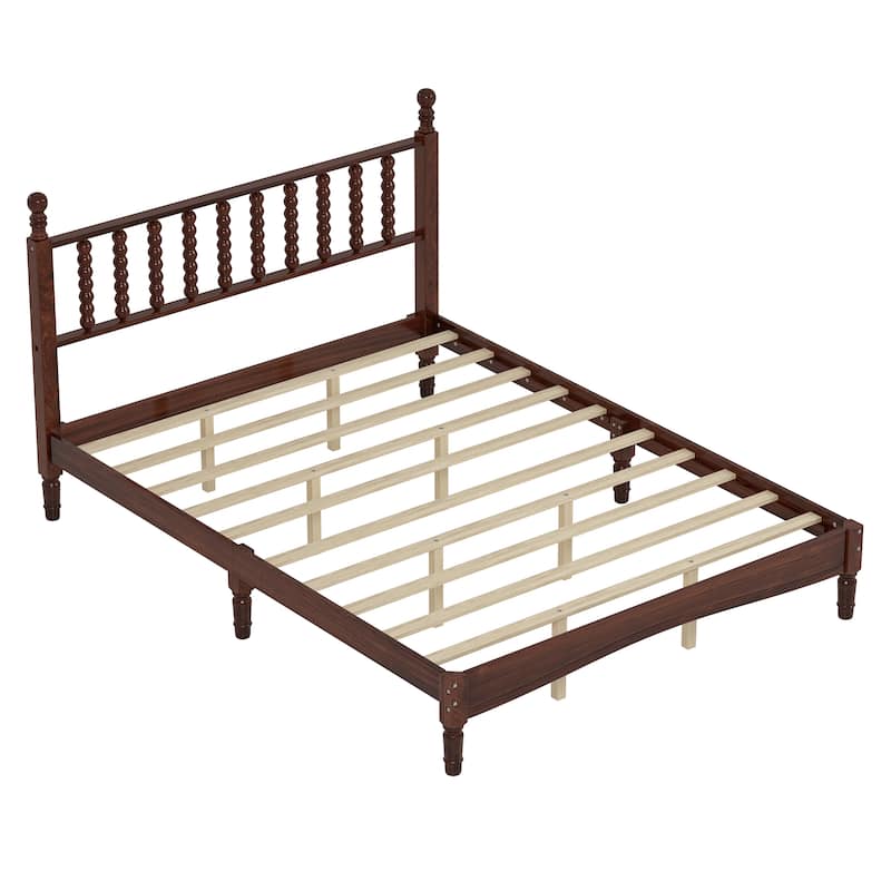 Full / Queen / King Retro Style Wood Platform Bed with Gourd Headboard and Wooden Slat Support - Walnut - Queen