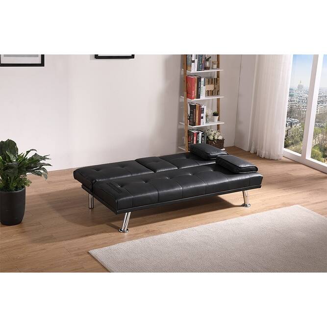 Leather Loveseat Sleeper Sofa Bed with Coffee Table and Adjustable Backrest, 67" Multifunctional Double Folding Couch Bed, Black