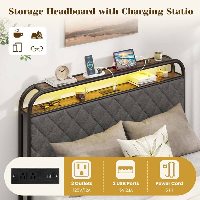 Costway Twin/Full/Queen Size Bed Frame with LED Lights & Charging