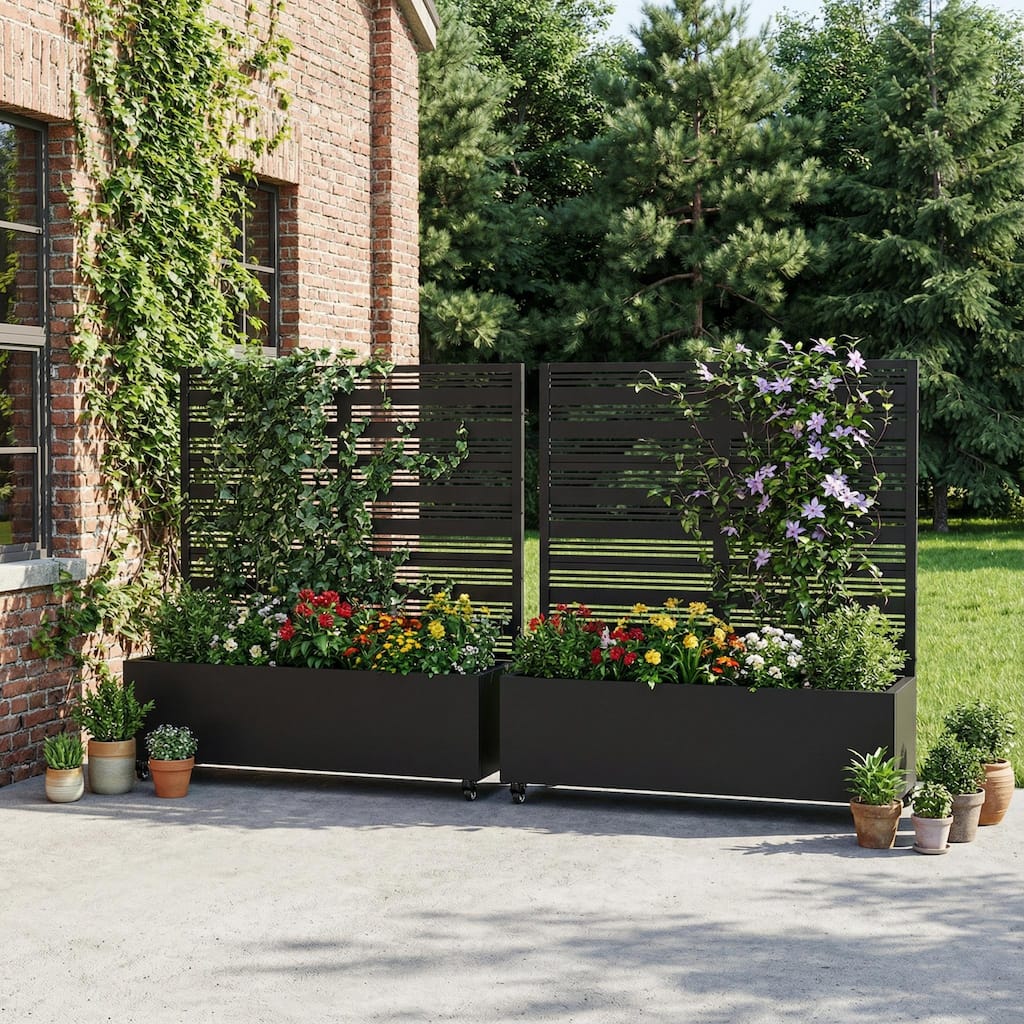 Metal Galvanized Planter Box with Trellis Privacy Screen Lockable Wheels Set of 2