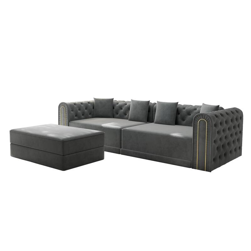 90.6" Velvet Pull Out Sofa Bed, 3-in-1 Convertible Sleeper Sofa with Movable Ottoman, Modern Button Tufted Chesterfield Sofa