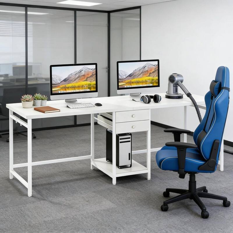 Extra-Large 2-Person Office Desk with Drawers, Open Shelf and Steel Frame