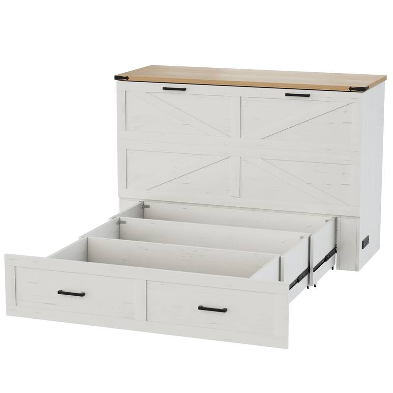 Queen Murphy Bed with Charging Station,Farmhouse Murphy Cabinet Bed with Large Storage Drawer,Hideaway Foldable Platform Bed