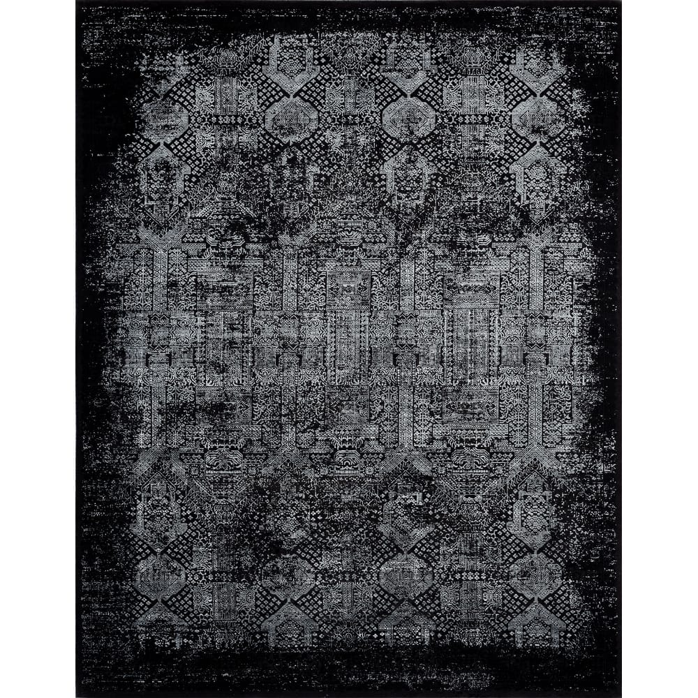 Updated Traditional Black Power Loom Viscose & Acrylic Area Rug