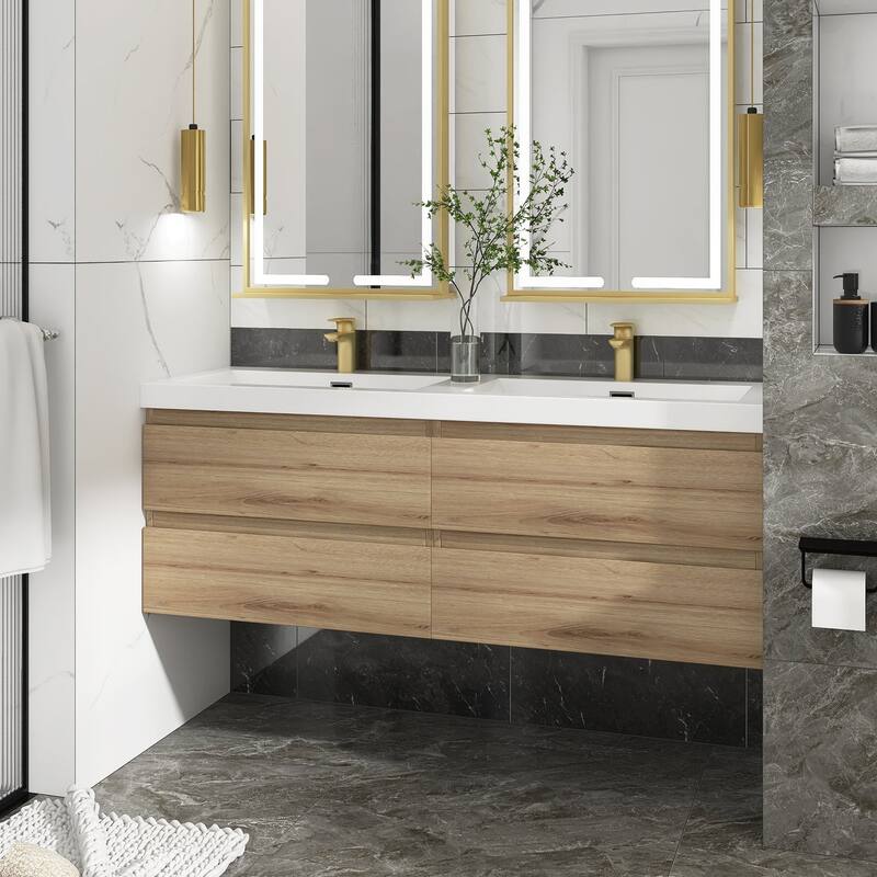 MDF Wall-Mounted Bathroom Vanity Set in Oak with Integrated Culture Marble Sink
