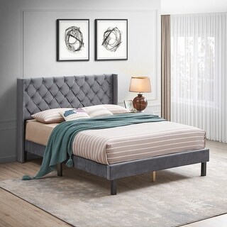 Queen Velvet Button Tufted-Upholstered Bed with Wings Design - Bed Bath ...