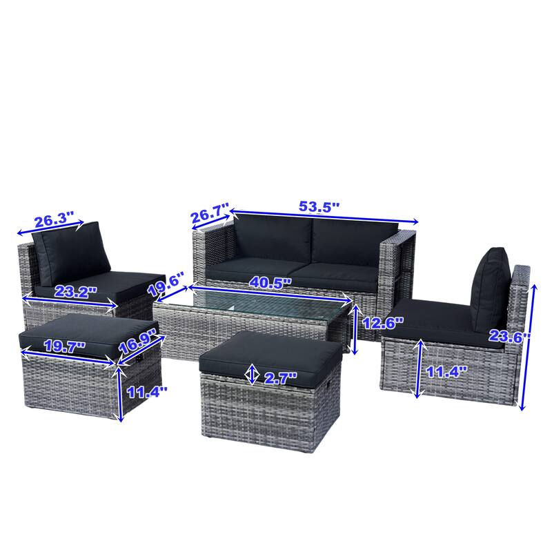 6 Pieces Outdoor PE Wicker Patio Sectional Sofa Set with Coffee Table and Removable Cushions