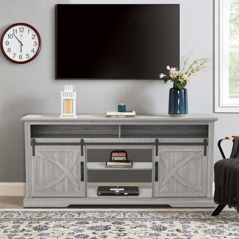 68" Farmhouse Grey Sliding Barn Door TV Stand with Storage Open Compartment