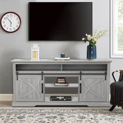 68" Farmhouse Grey Sliding Barn Door TV Stand with Storage Open Compartment