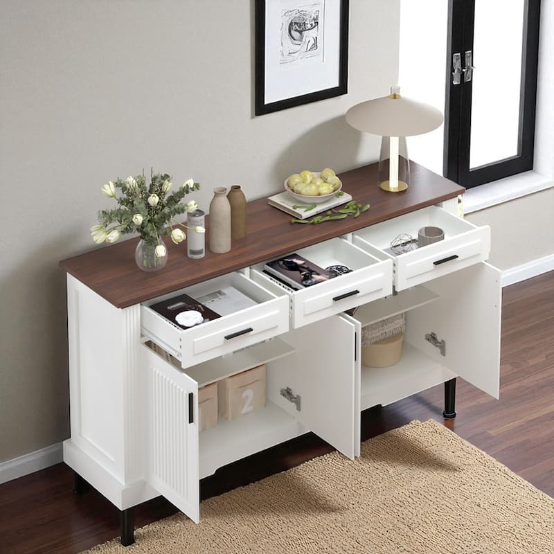 63" Fluted Sideboard Buffet Cabinet, Farmhouse Kitchen Storage Credenza with 4 Doors & 3 Drawers, Coffee Bar Console Table