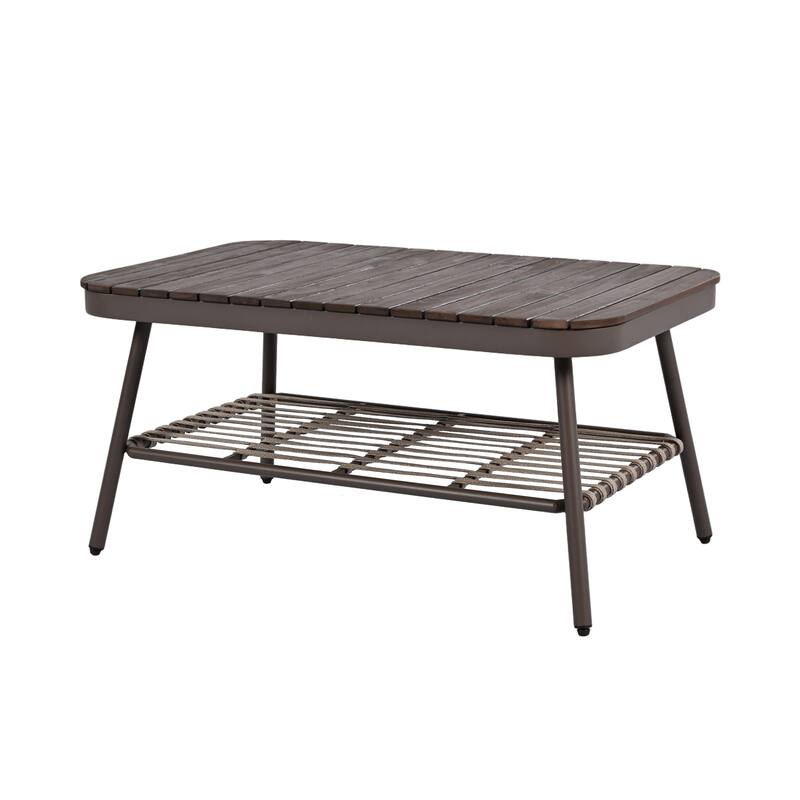 Modern 4-Piece Patio Conversation Set with Woven Rope Backrest, Acacia Coffee Table and Cushions, Outdoor Furniture