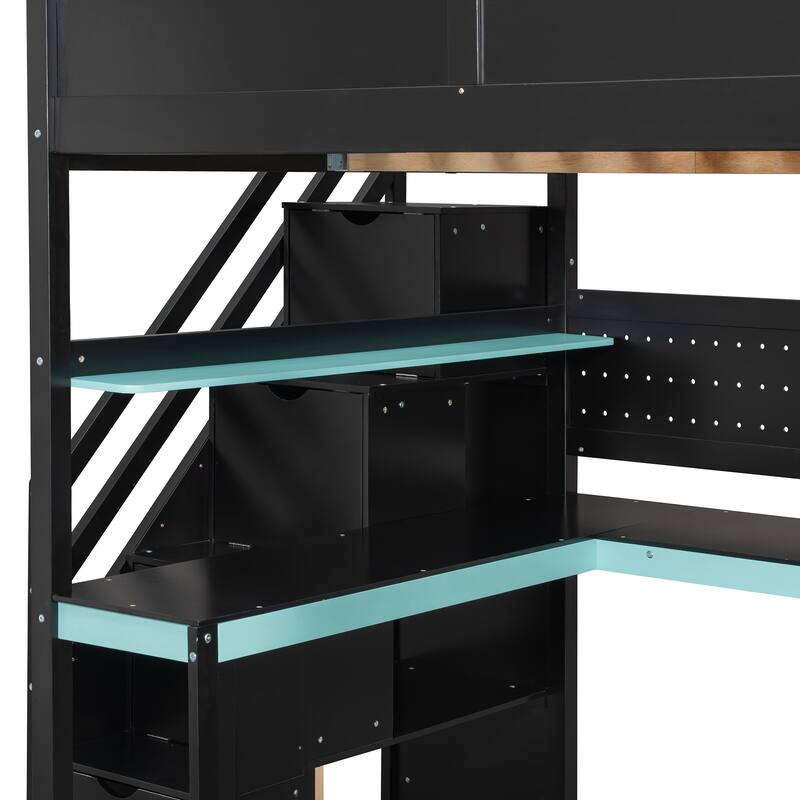 Gaming Loft Bed with Storage Stairs & Desk, Video Game Bed Wood Loft Bed Frame with Pegboard for Teens