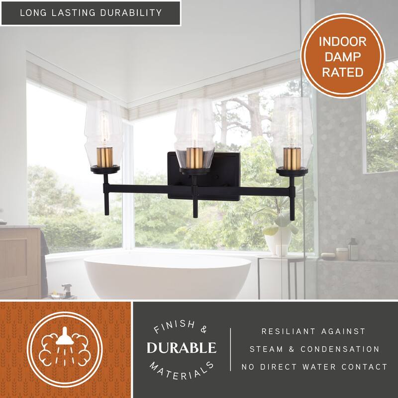 Warren Black and Brass Mid Century Modern Bathroom Vanity Wall Sconce Light Fixture Clear Glass