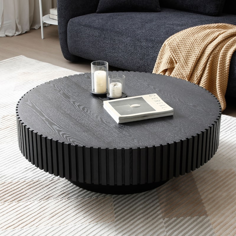 Unique Mid-Century Modern Round Wooden Coffee Table for Living Room - Matt Black-39.37"