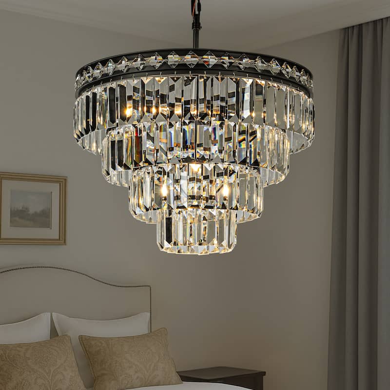 18'' Modern Classic Crystal Chandelier With Matte Black Finish 4-Light Tiered Pendant Ceiling Light For Dining Room Bedroom