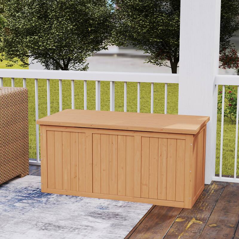 67 Gallon Wooden Deck Box Solid Wood Storage Box Seat & Table Top for Patio Furniture Cushions, Pool Toys & Garden Tools