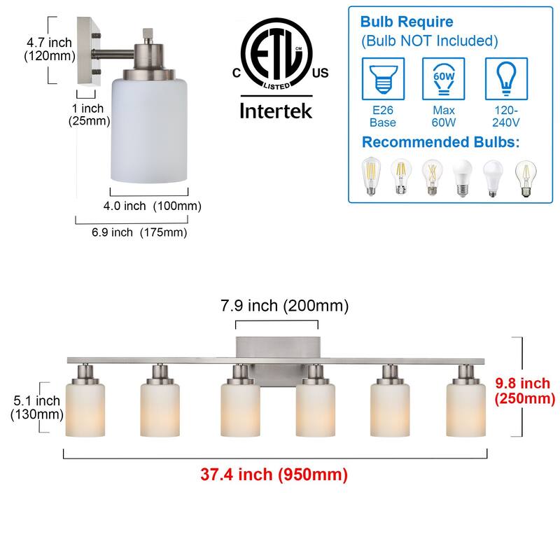 6-Light Bathroom Light Fixtures Brushed Brass 6-Light Bathroom Vanity Light, Bathroom Lights Over Mirror with Milky Glass Shade - Black