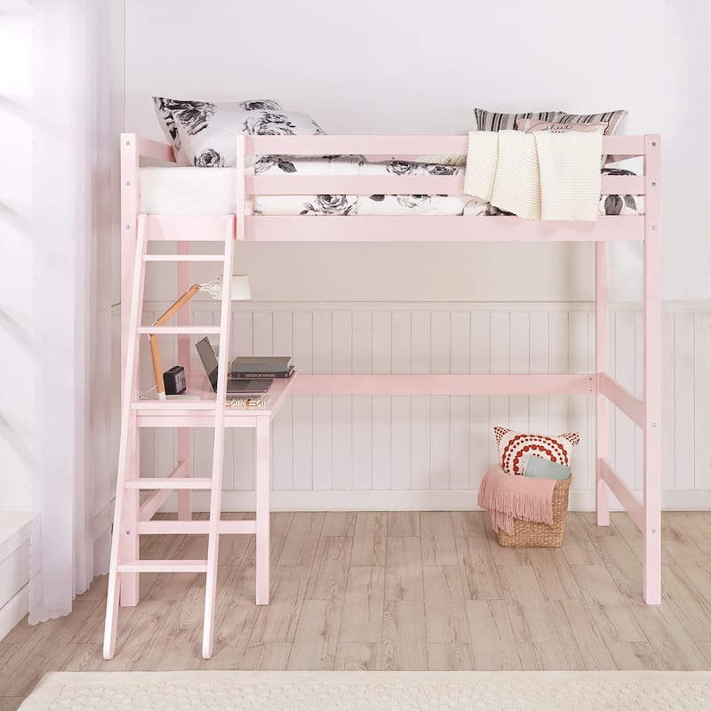 Hillsdale Caspian Wood Twin Loft Bed with Desk - Soft Pink