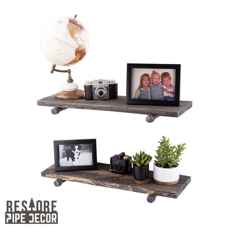 Restore Wood 24 in. Wall Shelf Straight Steel Pipe Brackets, Set of 2 - Boulder Black
