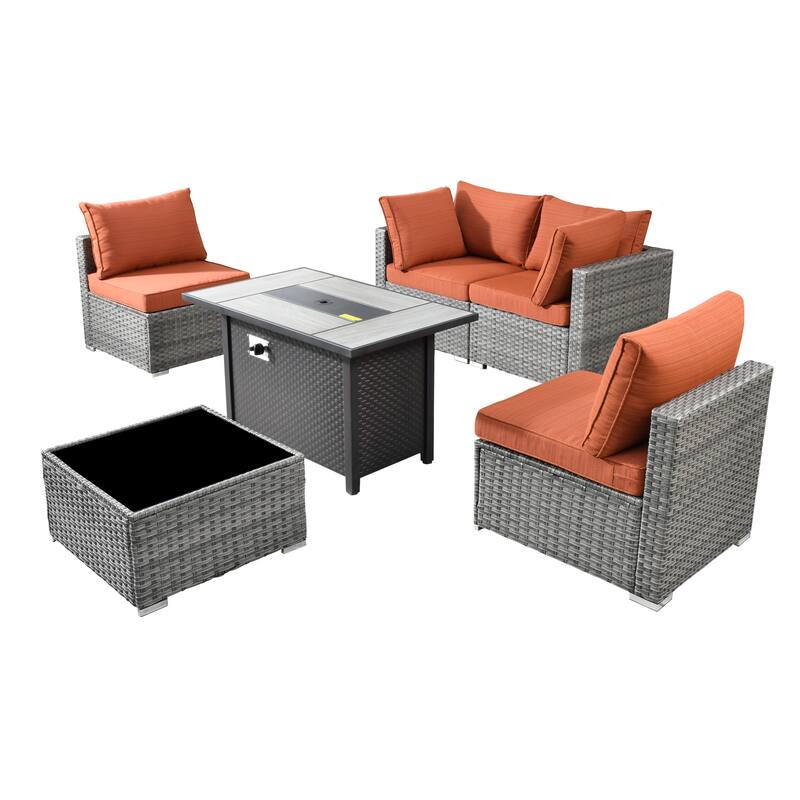 XIZZI 6-piece Patio Furniture Set Outdoor Sectional Rattan Sofa with Firepit