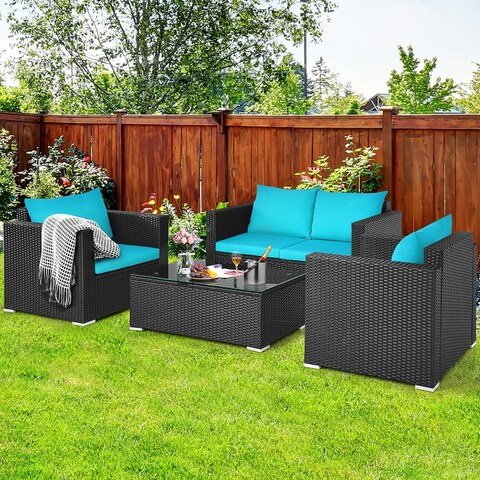 Costway 4PCS Patio Rattan Cushioned Sofa Chair Coffee Table Turquoise - See Details