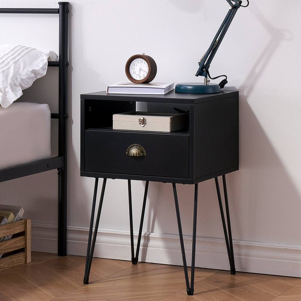 VECELO Mid Century Modern Nightstand with Drawer Open Shelf V-Shaped Metal Legs End Table for Bedroom Living Room