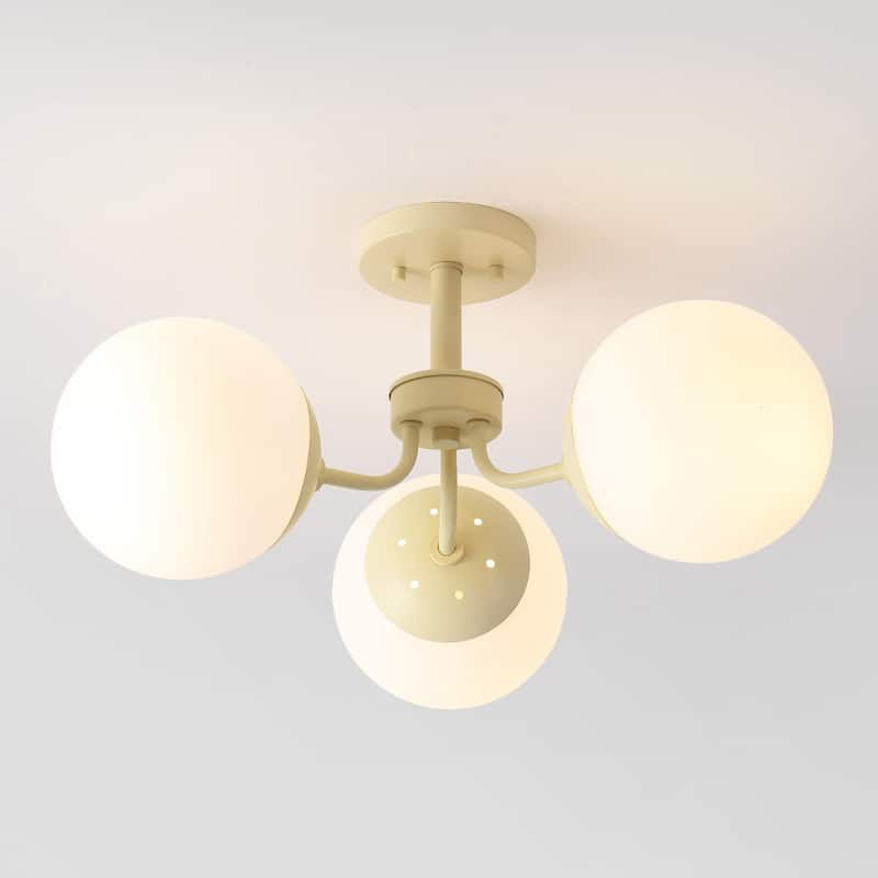 Ojai 23.5" 3-Light Bohemian Farmhouse Iron/Frosted Glass LED Semi Flush Mount, Brass Gold/White by JONATHAN Y