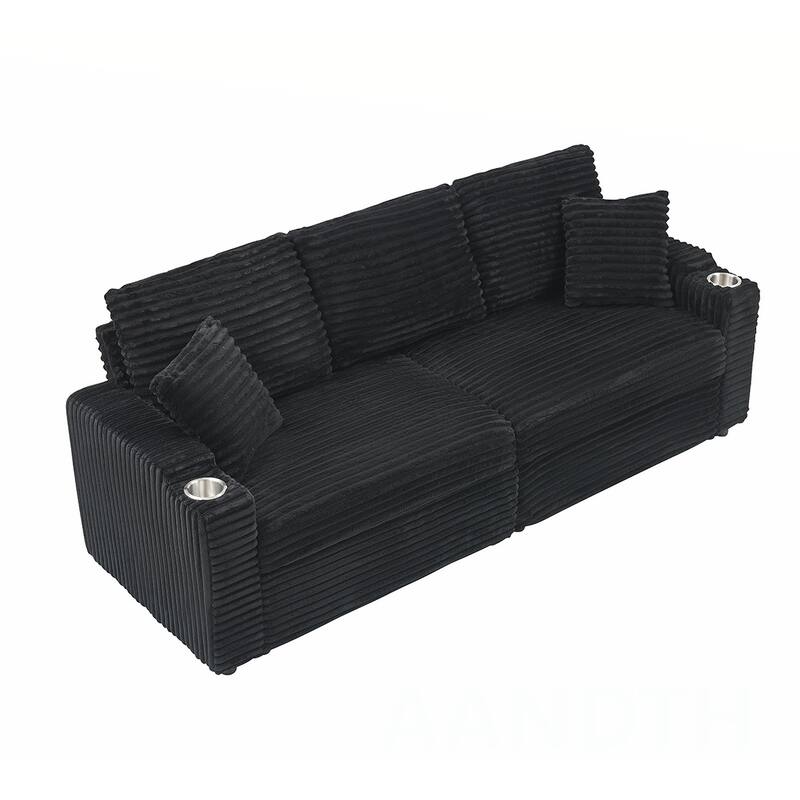 80"Corduroy Sofa With Cup Holder