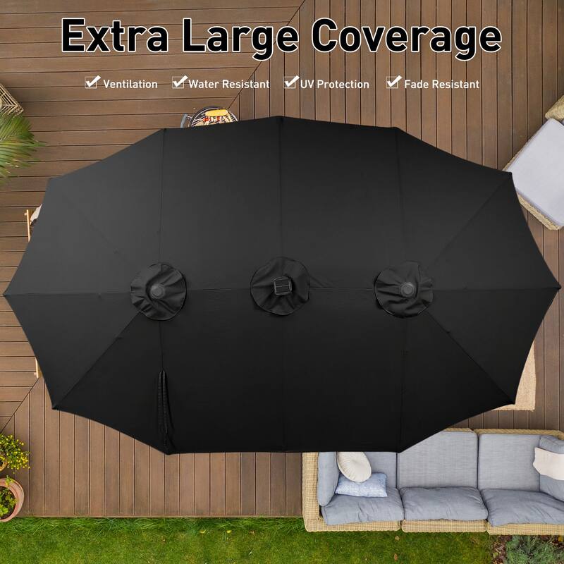 15ft Patio Umbrella Outdoor Market Umbrella with Base and LED Lights