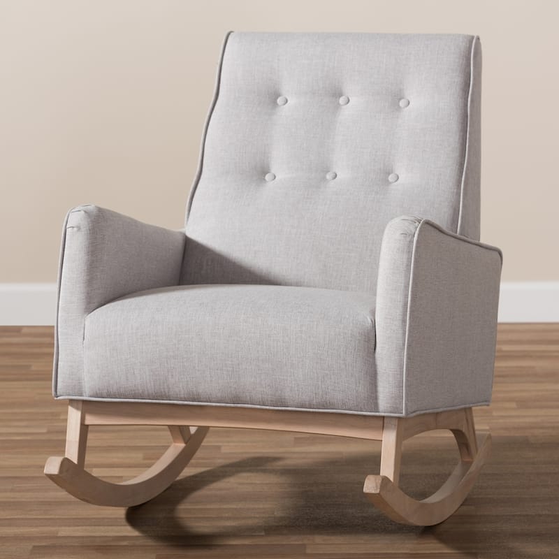 Marlena Mid-Century Modern Greyish Beige Fabric Upholstered Whitewash Wood Rocking Chair