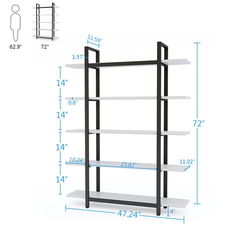 Brown Vintage Industrial 5-Tier Etagere Bookcase, White/ Gold Modern Display Bookshelf