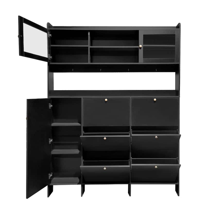 Roomfitters Multifunctional Tipping Bucket Shoe Cabinet with Storage Shelf, Large Hall Tree with 6 Flip Compartments