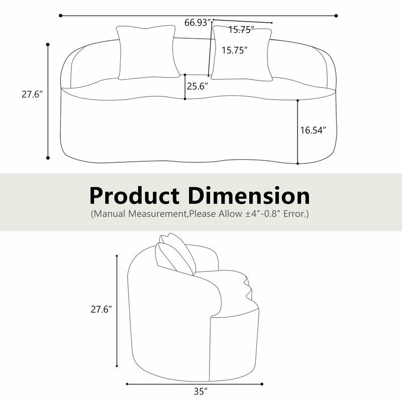 Curved Loveseat Sofa with Round Armrests - Compression Couch with 2 Pillows