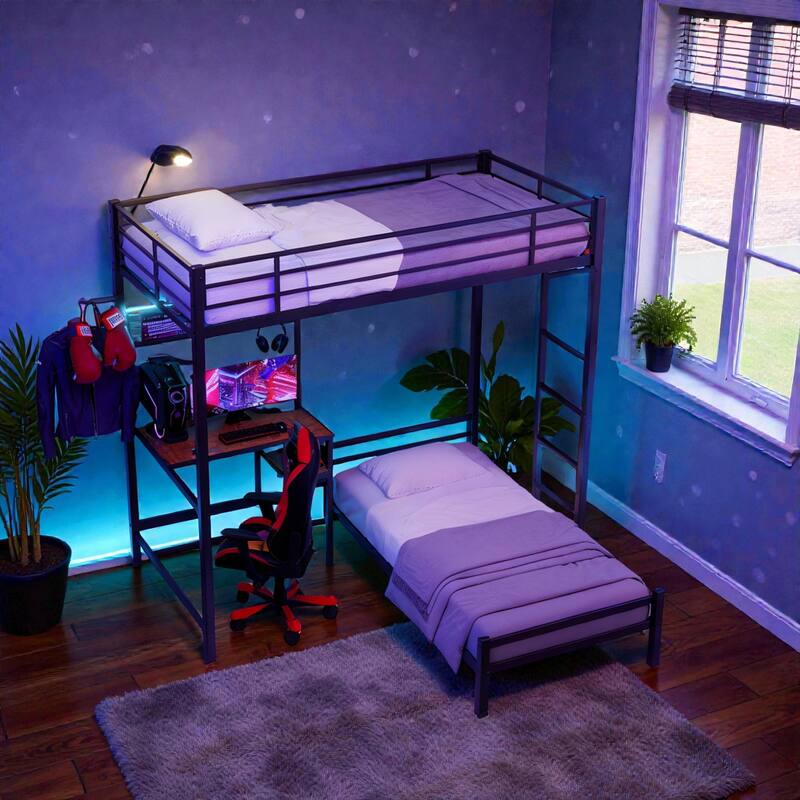 Twin Over Twin Metal Bunk Bed with L-Shaped Desk, Storage Shelves and Drawers, Loft Bunk Bed with Guardrail - Black - Twin