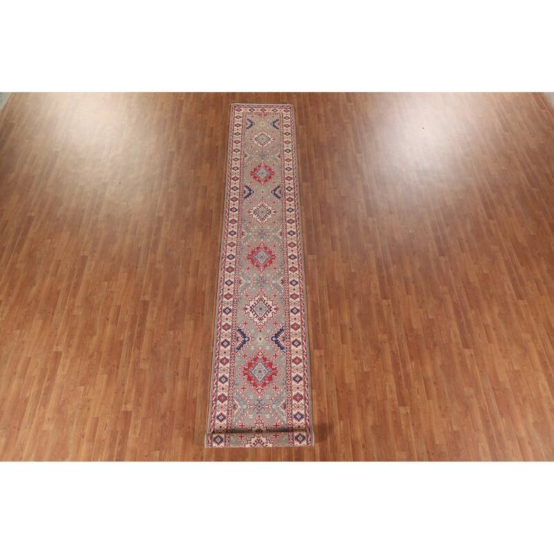 Hand Knotted Oriental 100% Wool Carpet Traditional Geometric Brown Kazak Runner Rug - 15' 11'' X 2' 8''