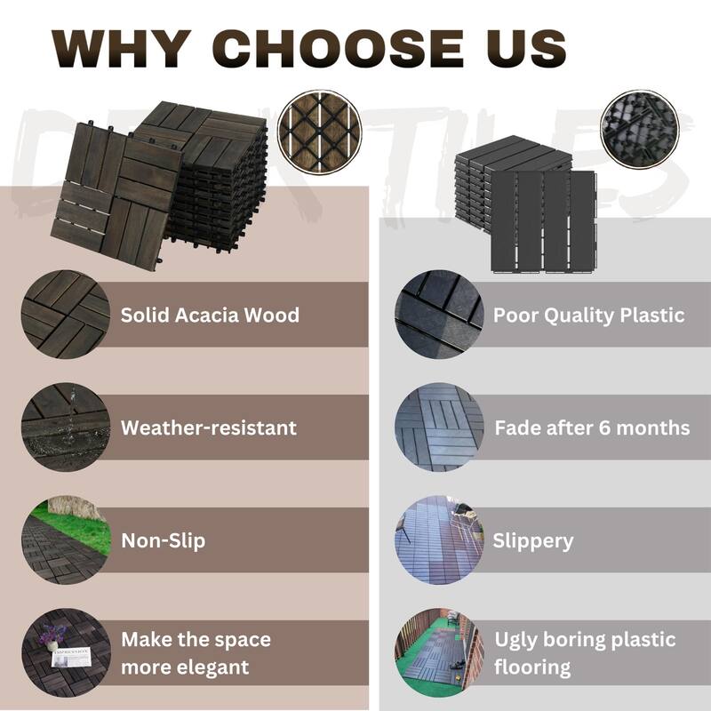 Acacia Wood Interlocking Deck Tiles Checker Pattern, 10PCS 12" x 12" Square Dark Brown Acacia Hardwood Outdoor Flooring