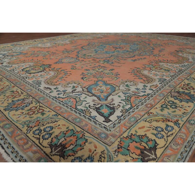 Hand Knotted Oriental 100% Wool Carpet Traditional Geometric Coral Tabriz Area Rug - 12' 7'' X 9' 7''